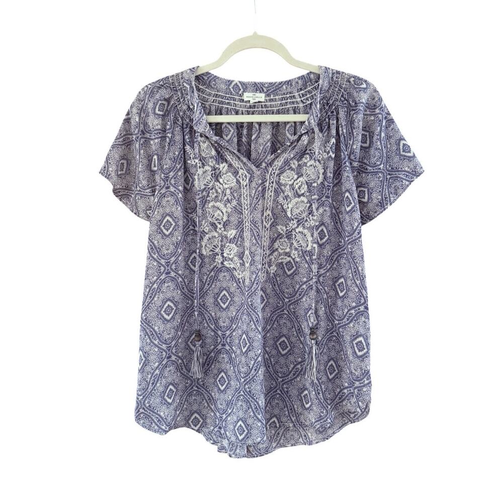 Mason Belle Carolena Embroidered Top Sz Large Light Blue Geometric Paisley Boho